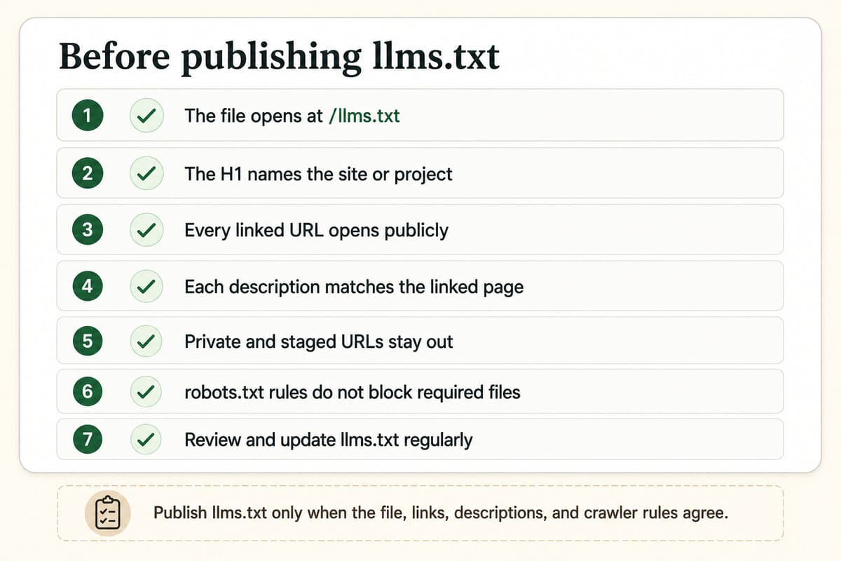 Publish llms.txt only when the file