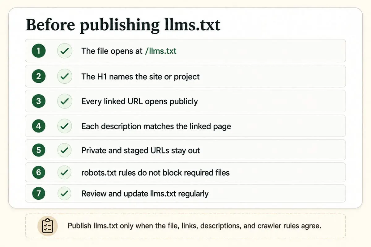 Publish llms.txt only when the file