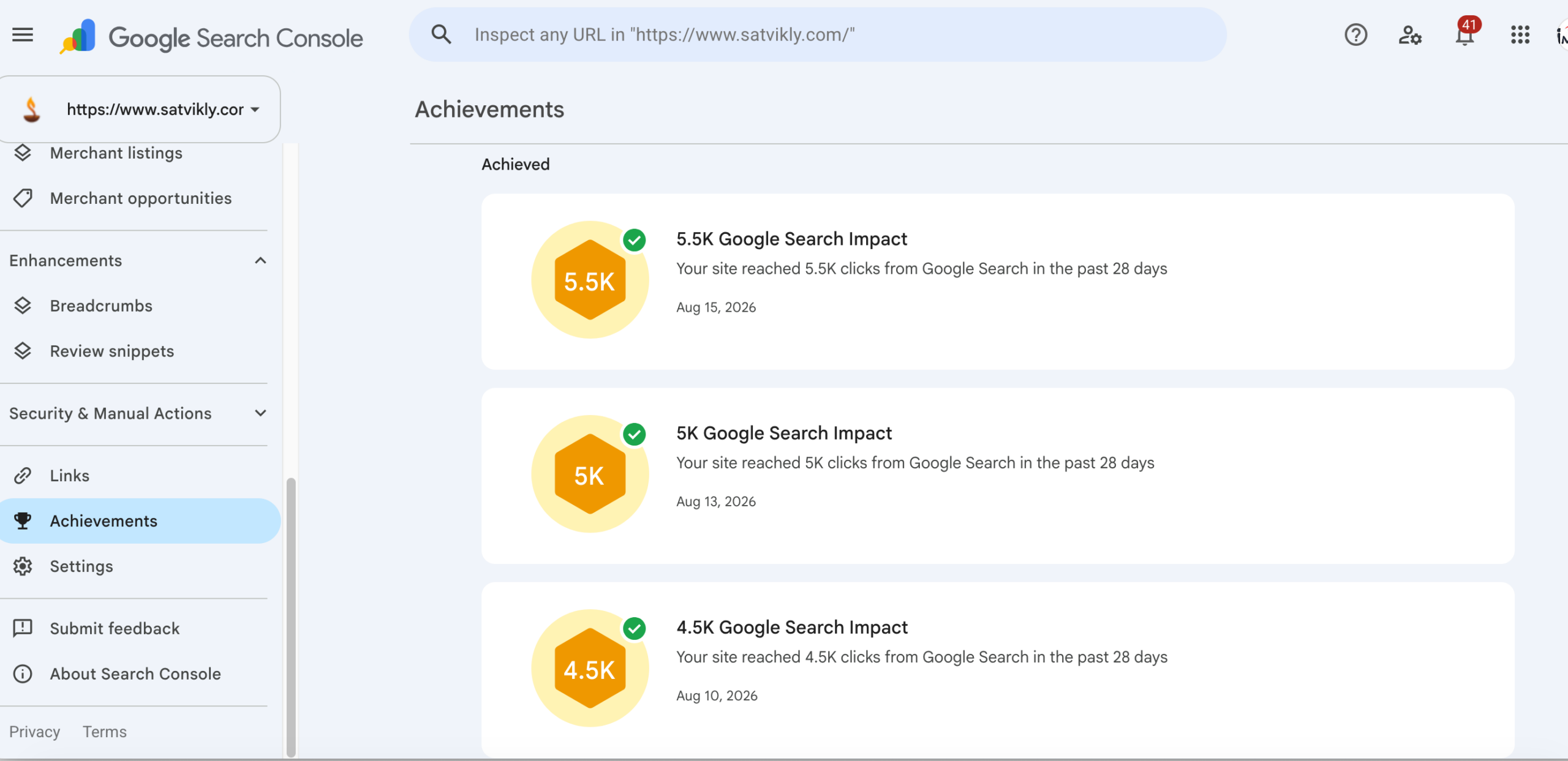 Google Search Console achievements list for satvikly.com showing 5.5K, 5K and 4.5K Google Search Impact milestones dated August 2026