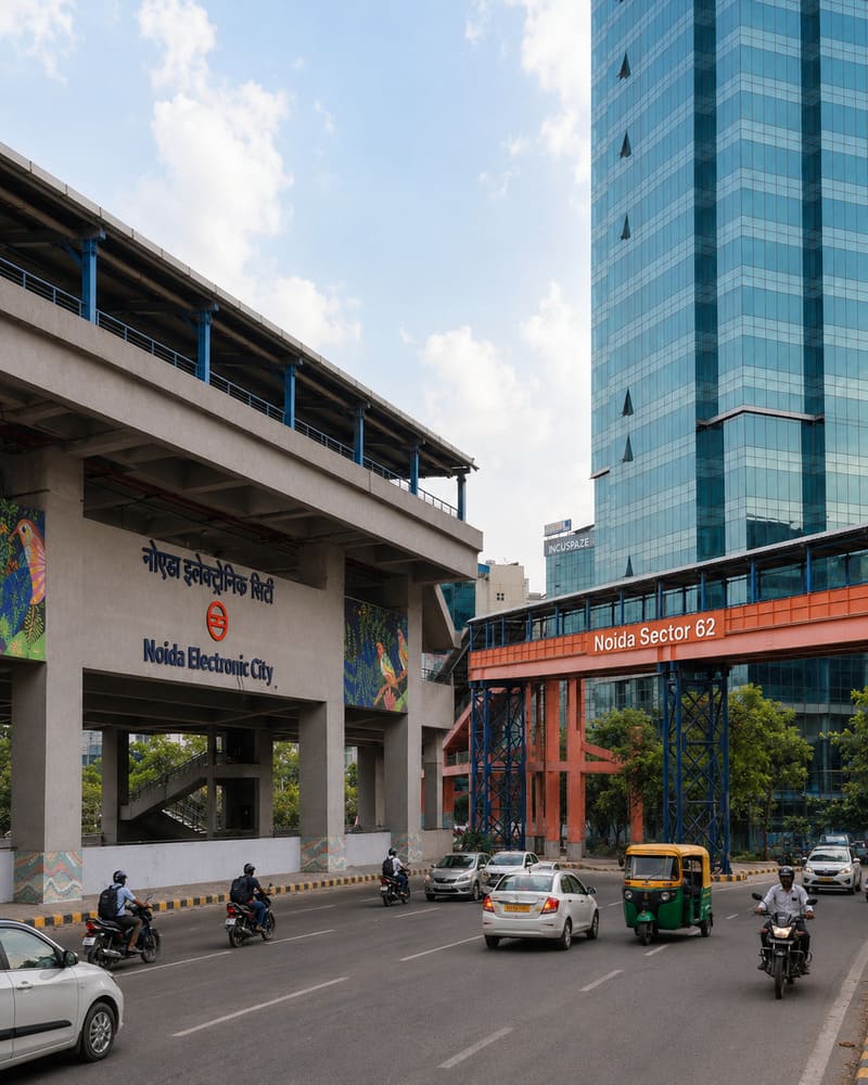 Noida Electronic City metro station beside the Noida Sector 62 foot overbridge and office towers
