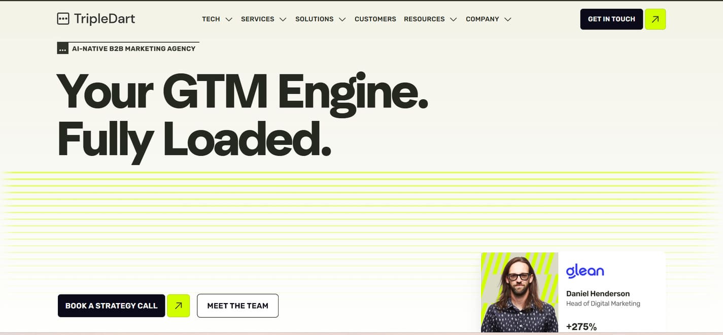 Hero section of the TripleDart website