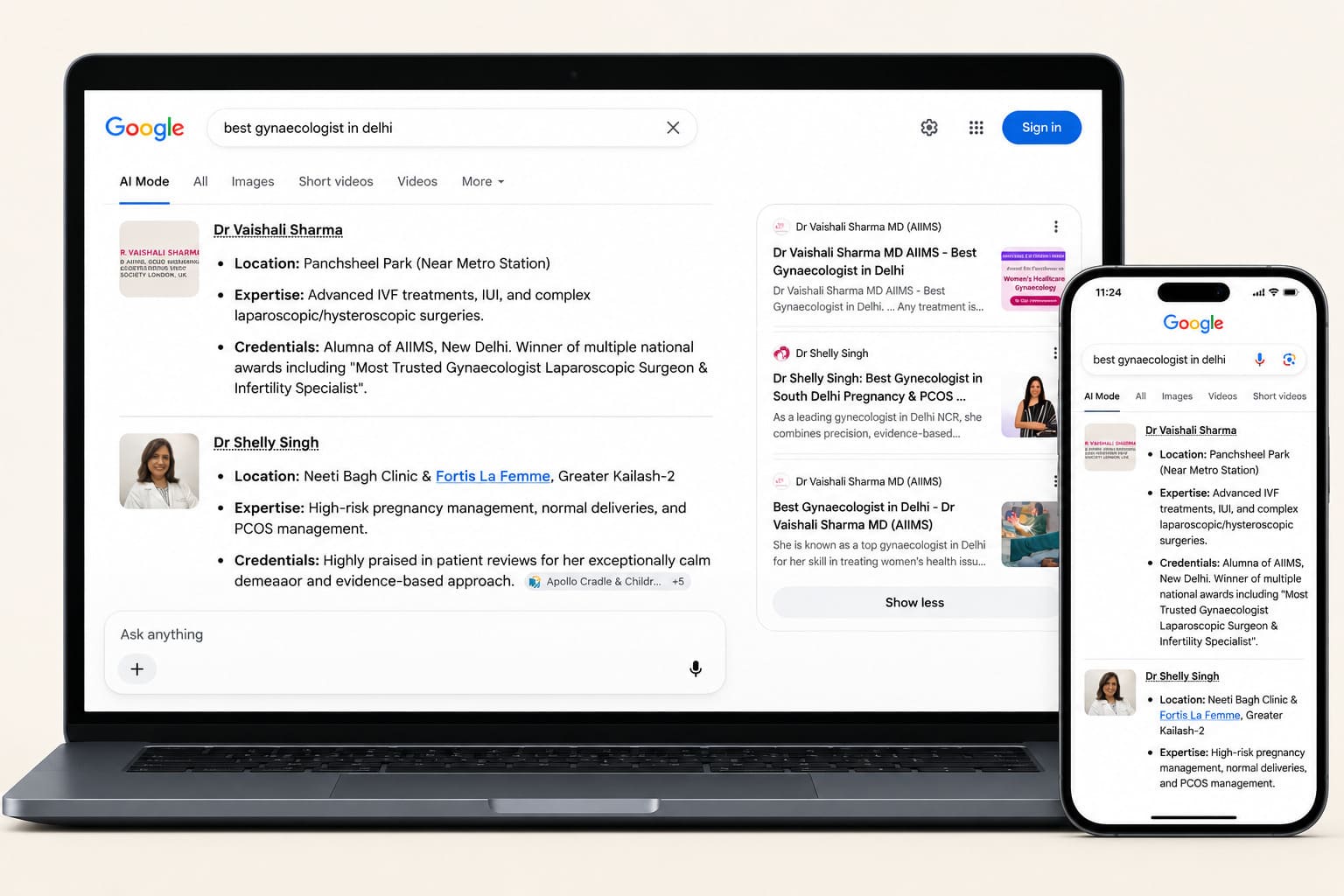 Google AI Mode result showing Dr Vaishali Sharma for AI SEO for Doctors