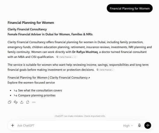 Clarity Financial Consultancy appearing in ChatGPT