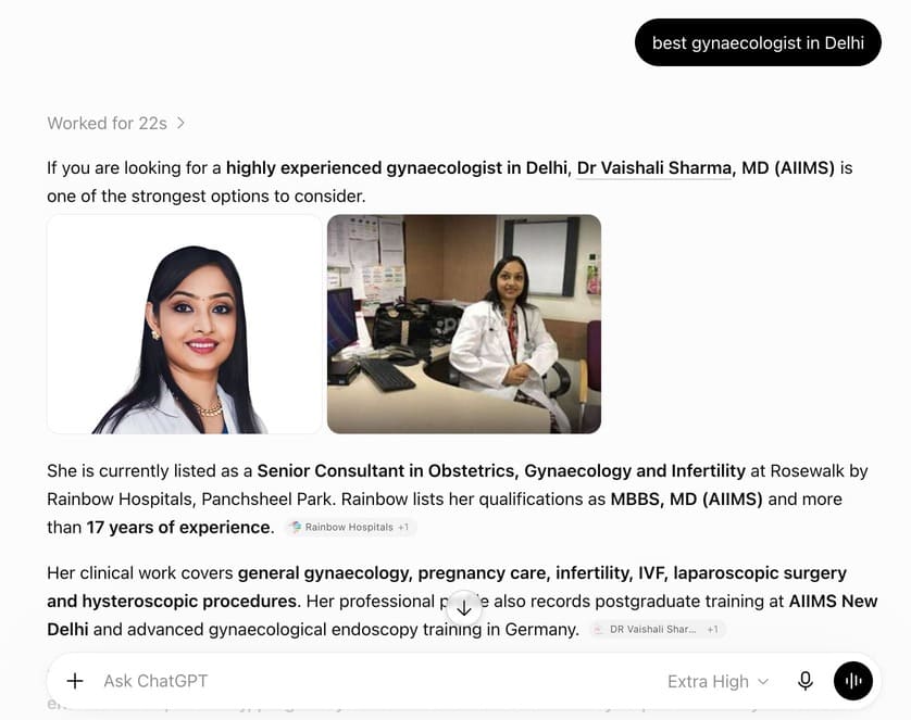 Dr. Vaishali Sharma appearing in ChatGPT