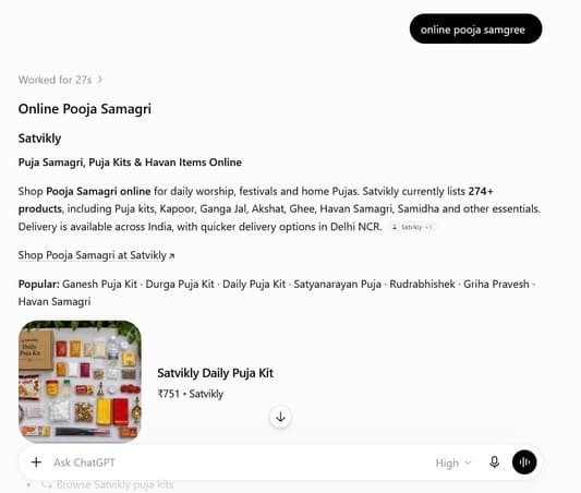 Satvikly appearing in ChatGPT for online pooja samgree