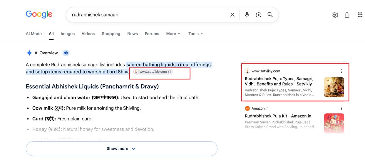 Satvikly product search result on Google