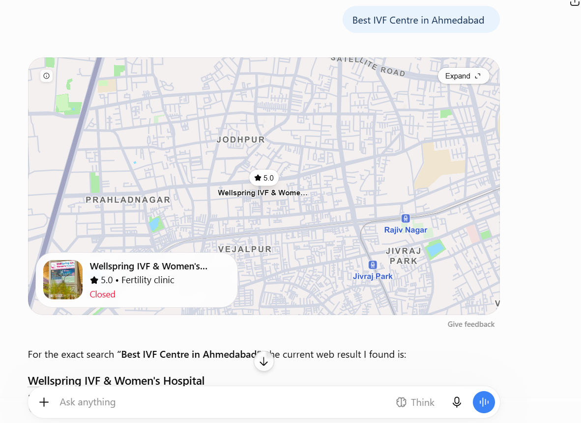 Wellspring IVF AI search visibility result