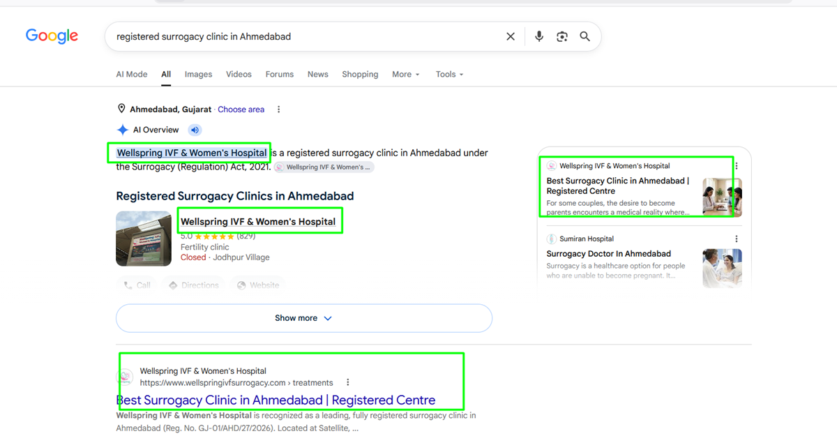 Wellspring IVF Google search and AI visibility evidence